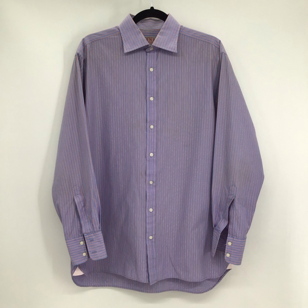 PINK Thomas Pink Men’s Striped Button Down Dress Shirt Career Blue Size 16/34.5